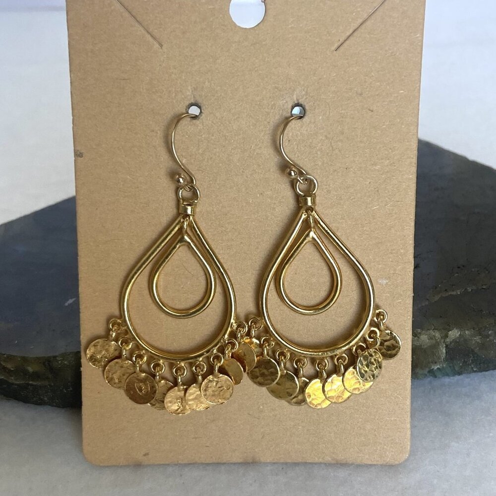 Gold Vermeil Sterling Silver 925 Teardrop Disc Tassel Dangle Drop Earrings